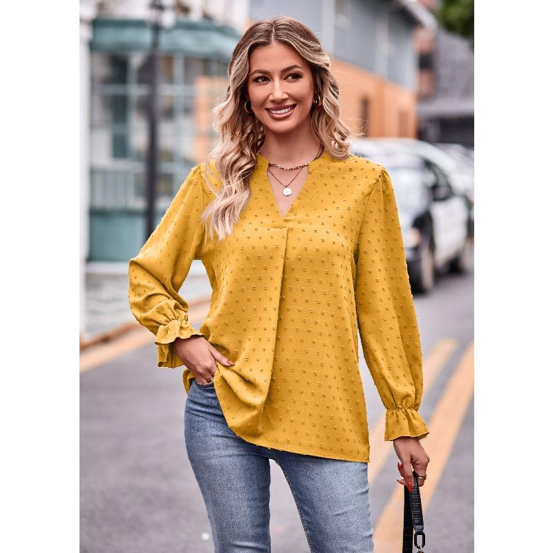T-shirt Jacquard da Donna con Scollo a V, Maniche Lunghe Ampie e Maniche a Ombrello