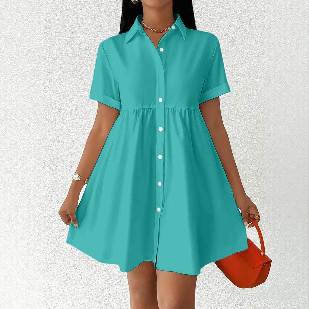Women Short Sleeve Shirt Dress Button Down Collared Loose Fit Casual Mini Dress with Pockets Summer Style
