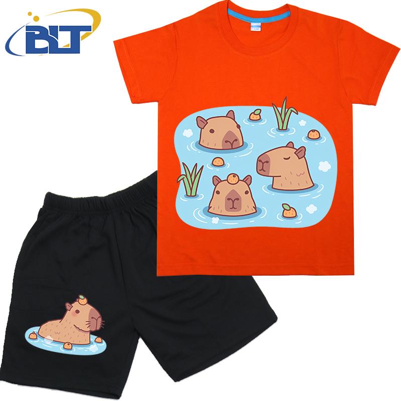 Cute Capybaras Chilling In Hot Spring With Oranges Print Kids T-shirt Set Summer Cotton Short-sleeved Shorts 2-piece Set