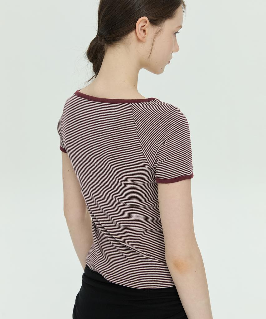 Lomaentinueo Stripe Henley Neck Short Sleeve T-Shirt (Red)