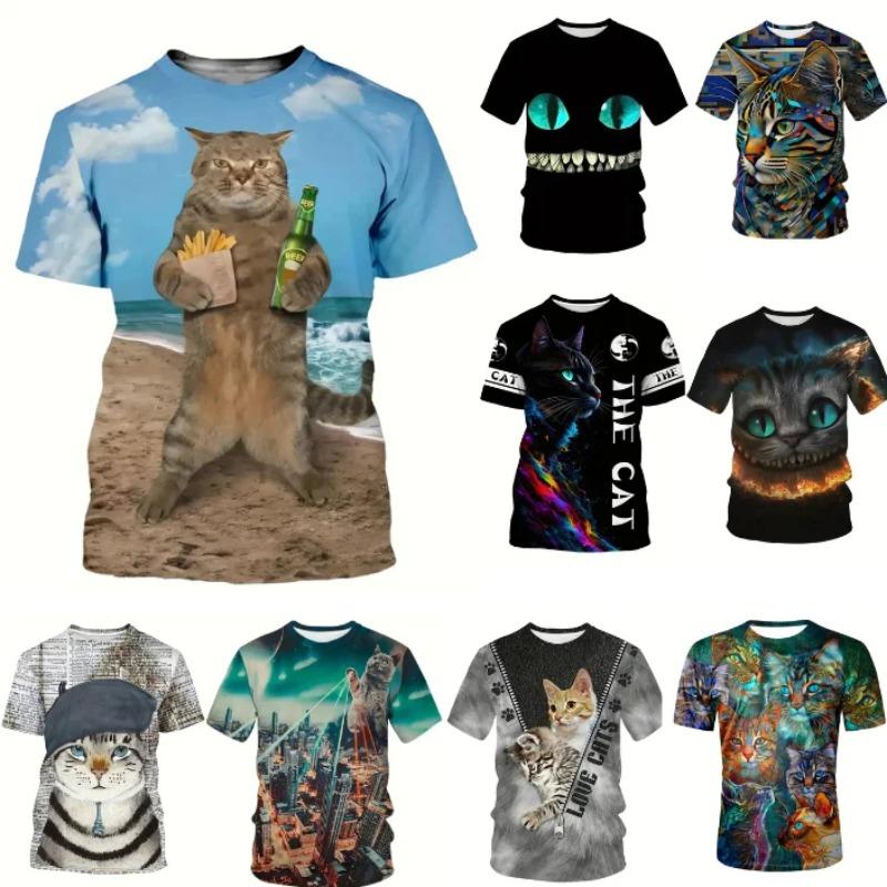 Novelty Beach Cat Beer Pattern Print T-shirt 3D Men Women Trend Personality Tops Oversized Short sleeve Crew Neck Streetwear Tee