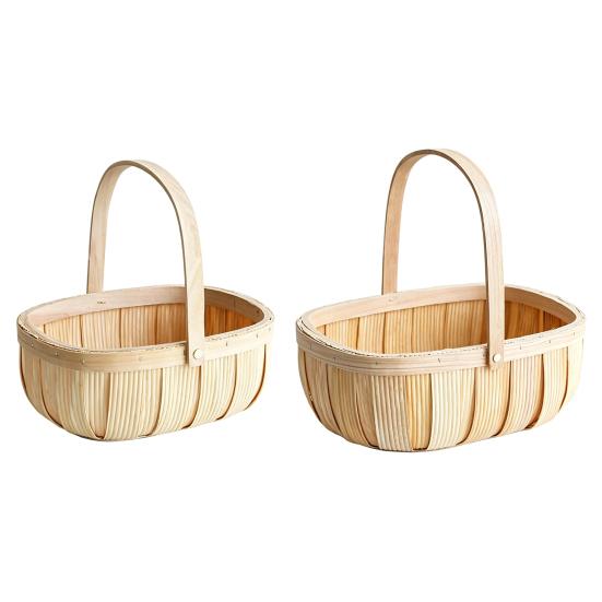Reinforced Handle Organizer Handmade Woven Wood Storage Basket, Oval with Handle, Portable Food Serving Tray Large Capacity Bin for Kitchen