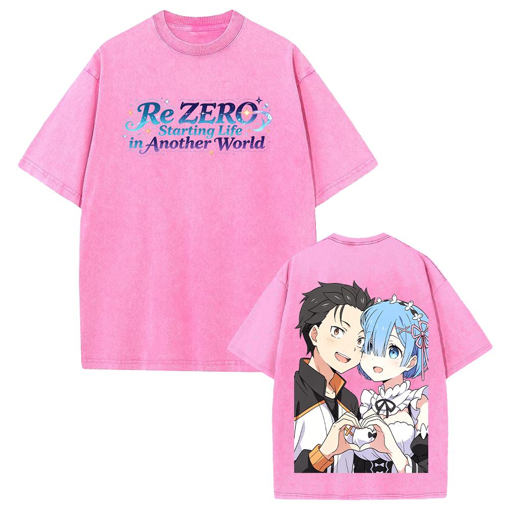 Rem And Natsuki Subaru Couple Print T-shirt Anime Re ZERO Clothing Men Women Cotton Tshirts Retro Washed T Shirt Oversized Tops