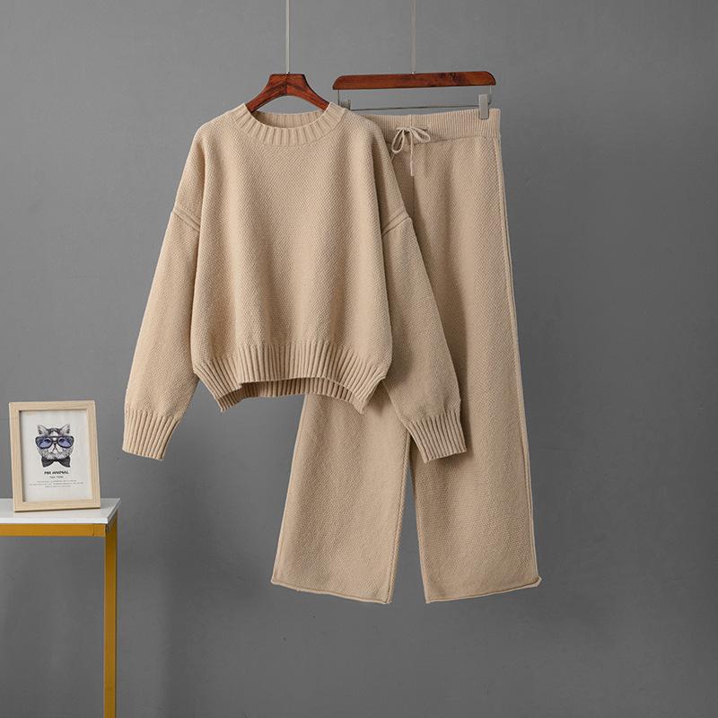 Ladies' Early Autumn New Sweater Fashion Two-piece Set Shoulder Long Sleeve Pullover + Straight Wide Leg Pants Combination