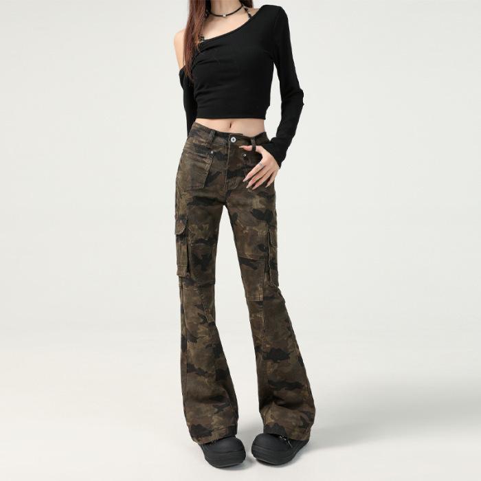 

New Retro American Camouflage Multi-pocket Slim Fit and Slim Slightly Flared Pants for Women s Spring and Autumn XL