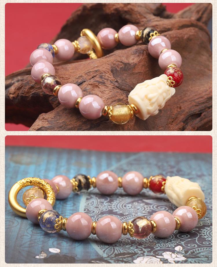 Beijing Nine-Tailed Fox Ceramic Bracelet: Incense Ash Glazed Court Style with Beads