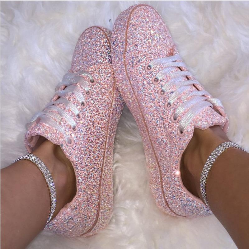 Plus Size 35-43 Sequin Platform Trainer Sneakers Flats Shoes Comfortable Shoes for Women Lace Up Casual Zapatos De Mujer