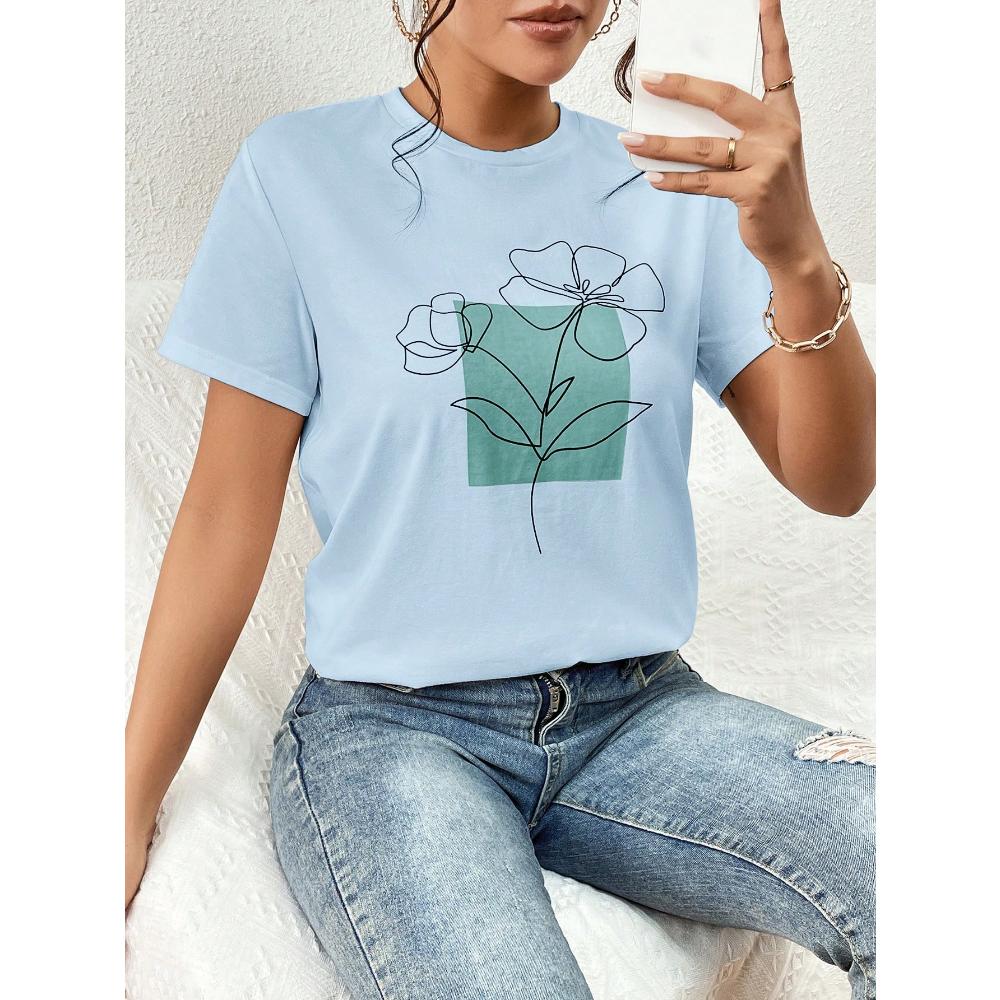 

Essnce Повседневная футболка свободного покроя с цветочным принтом и круглым вырезом с коротким рукавом для женщин, подходит для лета XS
