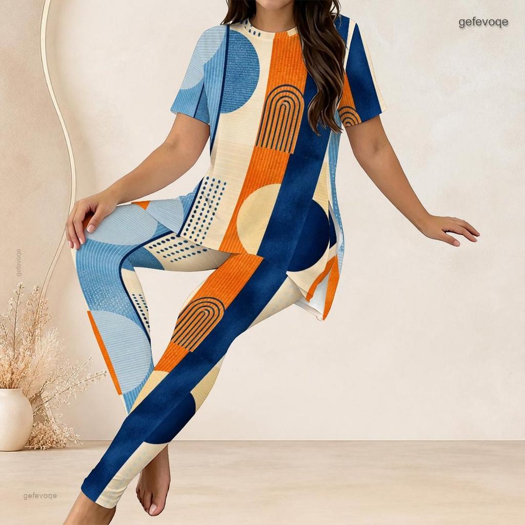 Women Plus Size Two Piece Set Round Neck Short Sleeve Side Split Printed Top Fitted Pants