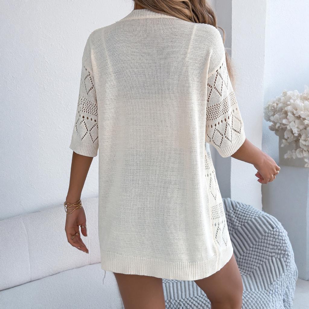 Cardigan/top lavorato a maglia da donna casual colorato con trafori, a maniche corte, per le vacanze.