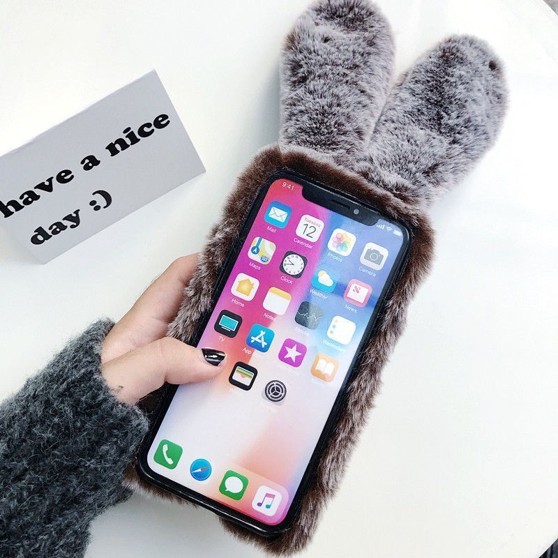 JAVY Plush Rabbit Cute Warm Phone Case Fur Cover For Iphone 17 Pro Max 16 16e 15 14 13 12 11 X XR XS 13 Mini Furry Fluffy Cover