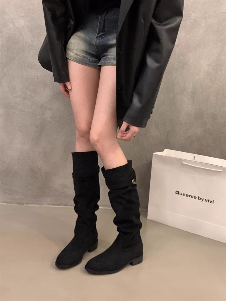 French Thick Heel Apricot Suede Piled Boots Women's 2025 New Autumn Versatile Thin Long Boots Do Not Drop the Tube
