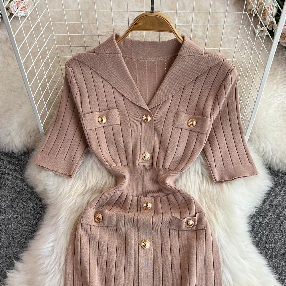 New Summer Women Lapel Knitted Sweater Solid Dress Short Sleeve Sheath Bodycon Mini Party Dresses