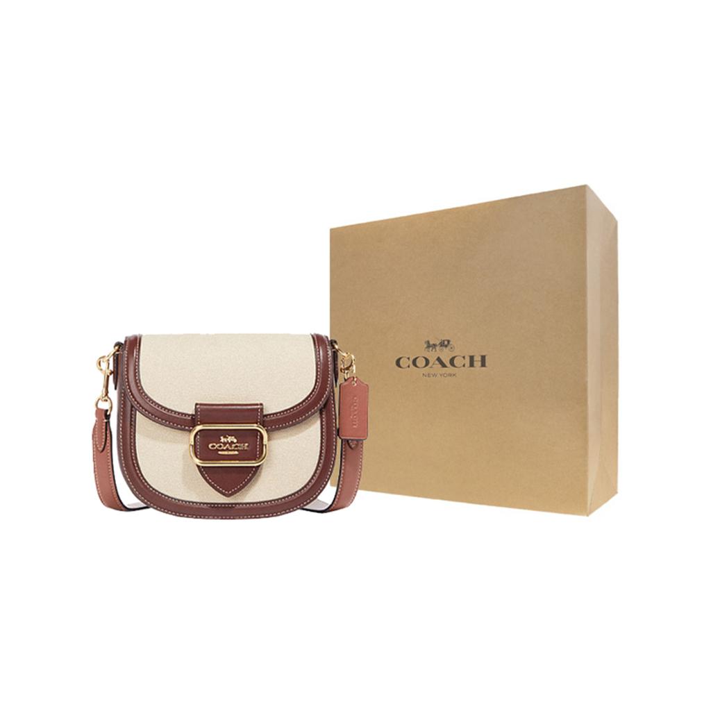 New COACH Morgan Cow Leather With Textile Saddle Bag, Crossbody Bag, Shoulder Bag Small Size Women's Red & Beige CH183-IMNAM