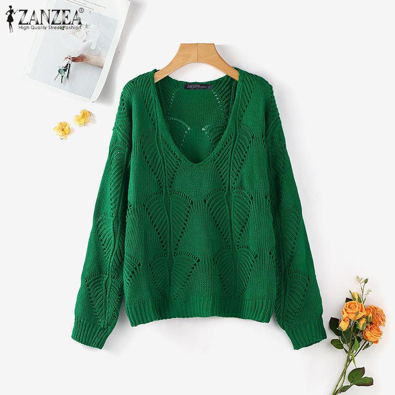 ZANZEA Autumn Women V Neck Long Sleeve Hollow Out Casual Knitted Sweaters Jumpers