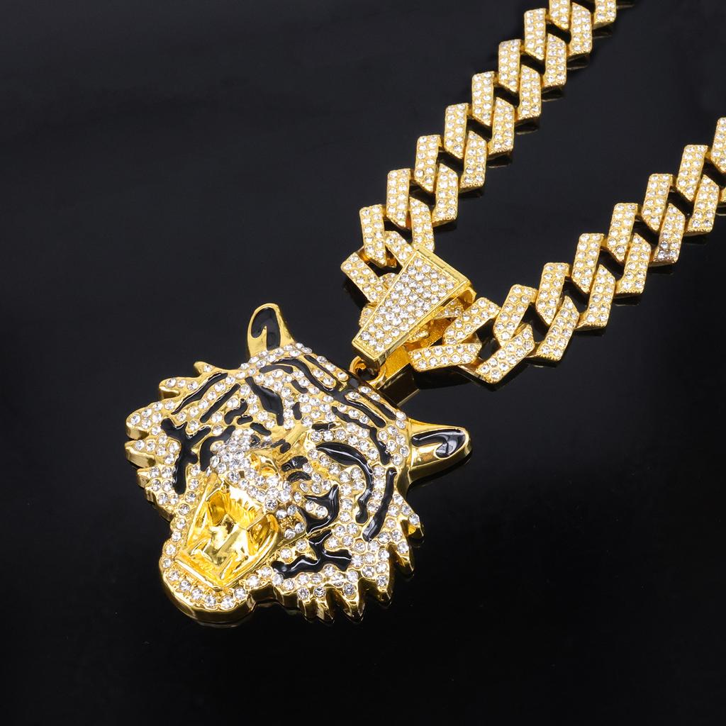 European American Cool 3D Full Rhinestone New Enamel Tiger Head Pendant, Trendsetter Personalized Men Hip Hop Necklace