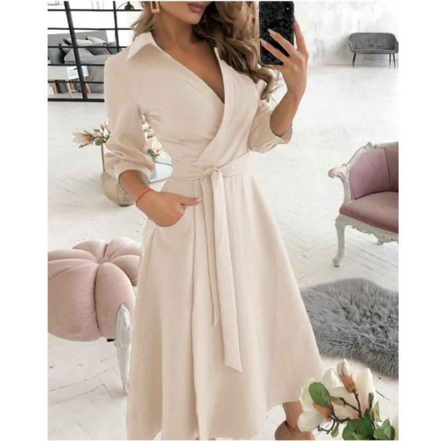 YYFS Damenmode Frühling Herbst Farbblockdruck Langarm Polokragen Hohe Taille Freizeitkleider