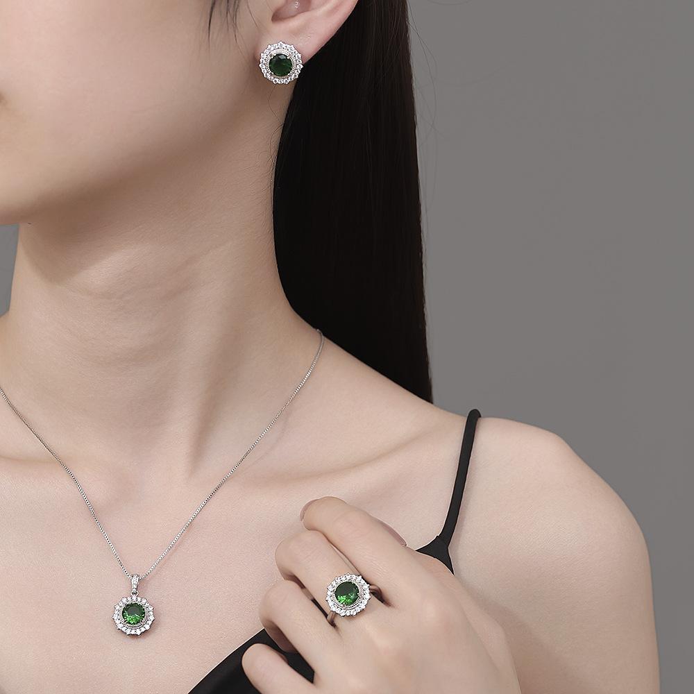 925 Sterling Silver Vintage Classic Emerald Oval Zircon Ring Stud Earrings Pendant Set Ladies Jewelry Gift
