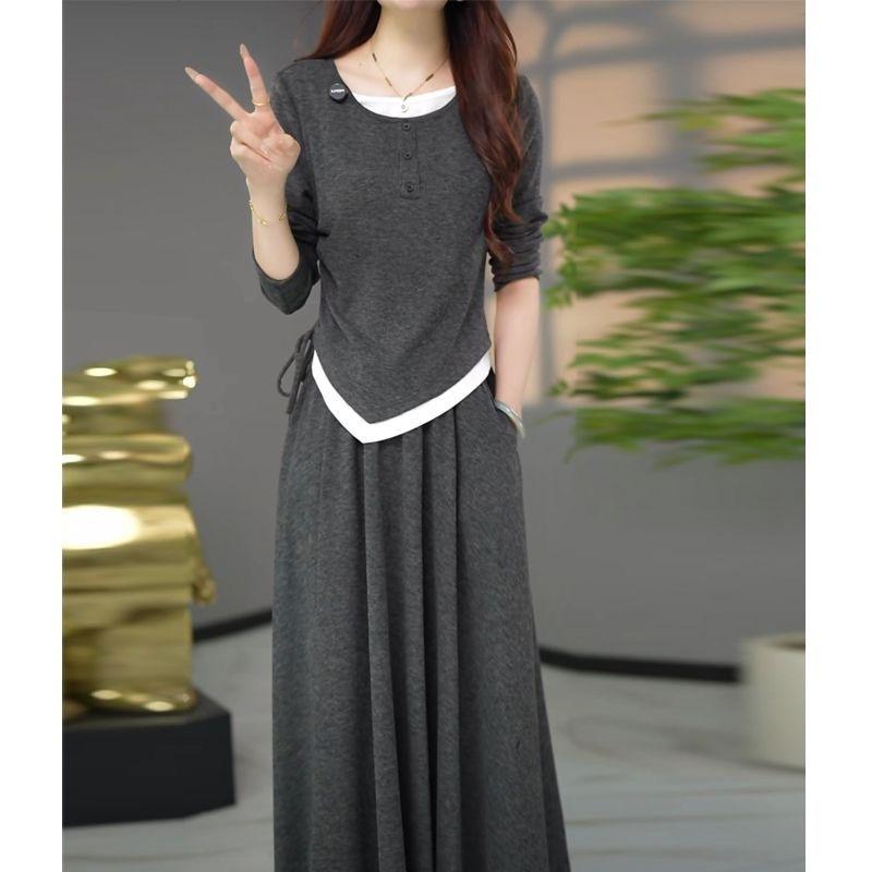 Light Luxury Long-sleeved Top and Skirt Two-piece Large Size Flesh-covering and Slimming Over-the-knee Skirt Set