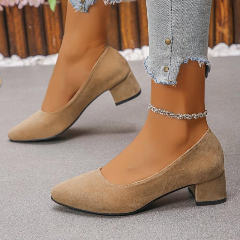 Big Women Suede Leather Shoes High Heels Ladies Dress Work Shoes Slip On Pumps Woman Square Heels Wedding Shoes