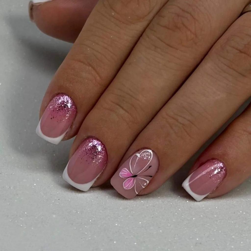 24 Stück Aufdrücknägel Einfacher Farbverlauf Kurz Quadratisch Blume Tragen Nagel Färbedesign Falsche Nägel Geeignet für Sommer Nagelaufkleber