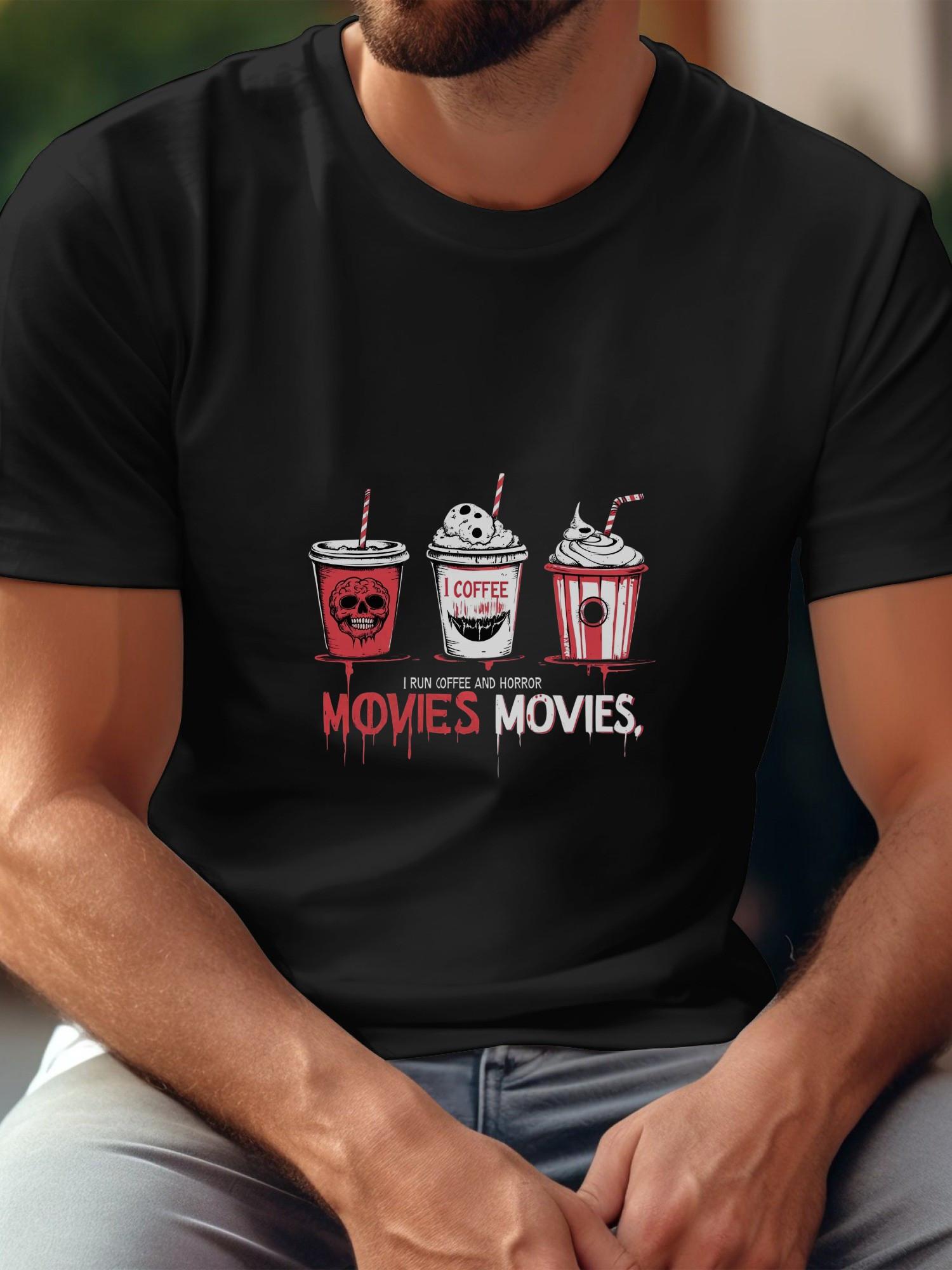 

Horror Movie & Coffee Lover Graphic Tee - Black T-shirt with Red Drip Effect Cup Designs - Heavyweight 180gsm Cotton Crew Neck Shirt for Halloween L