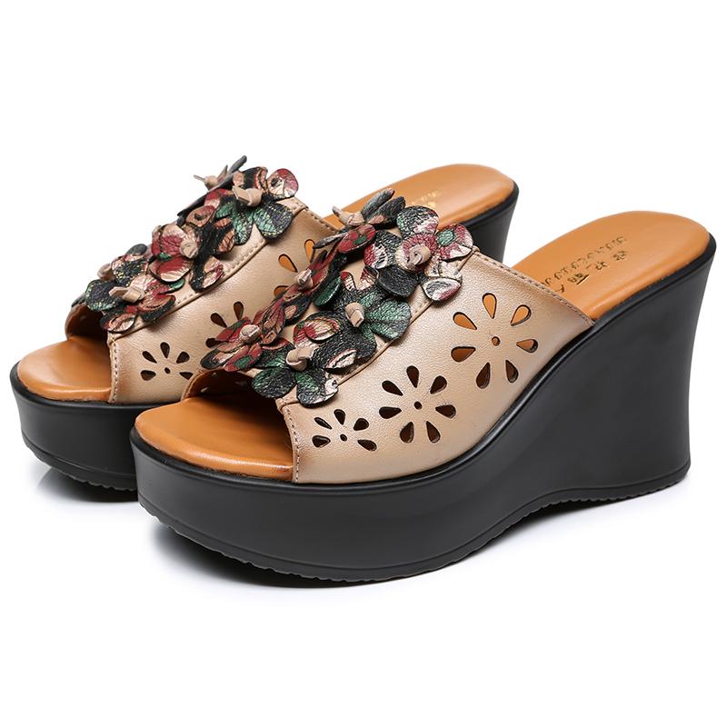 Fashion GKTINOO Summer Woman Shoes Platform Slippers Wedge Genuine Leather Women High Heel Slippers For Women Retro Sandals Female Shoes