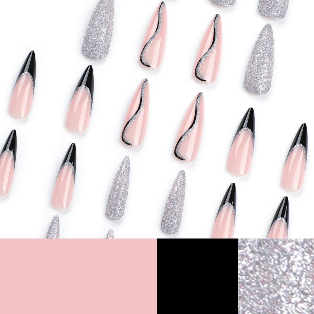 24 Pieces European and American Long Pointed Nail Nail Patch Solid Color Silver Glitter Wearing Nail French Black Line Nail Piece