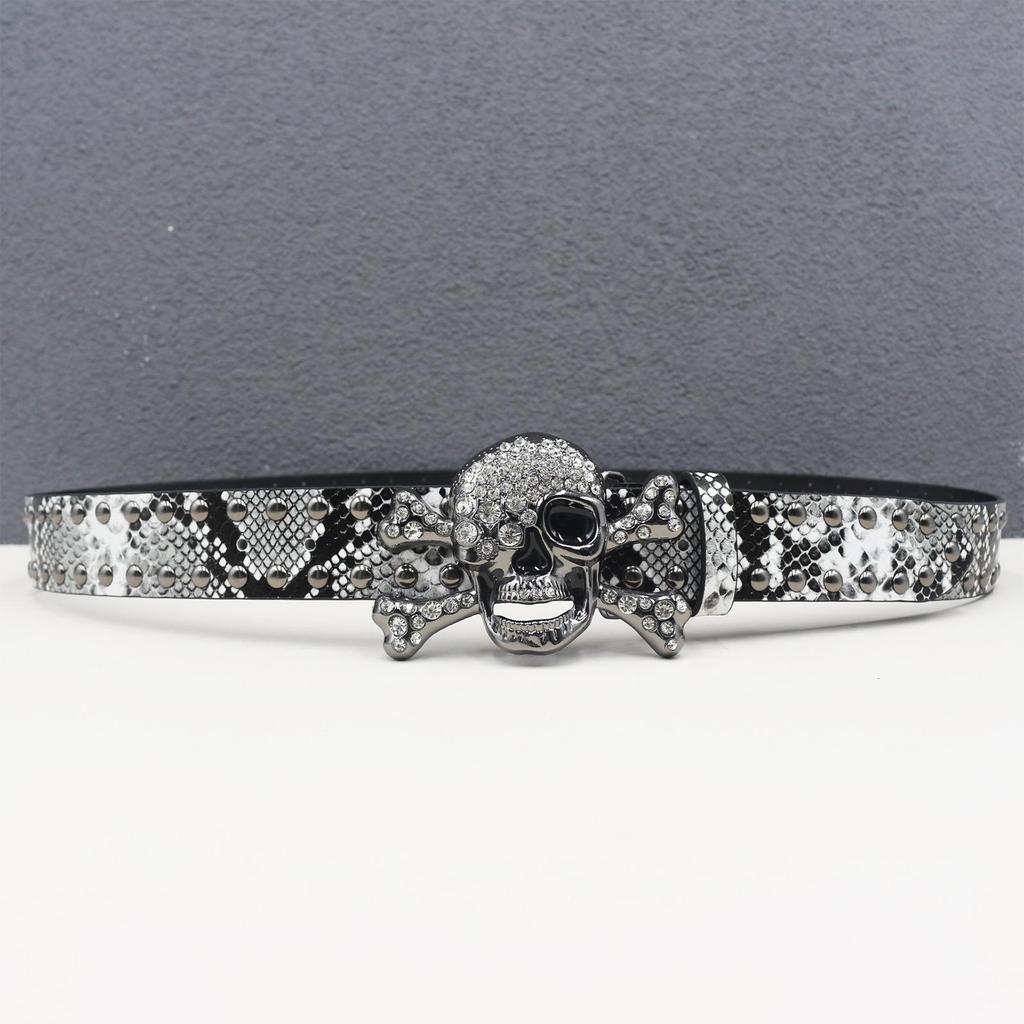 Y2K Rhinestone Skull & Snake Punk Belt - Unisex Leather with Rivet Decoration