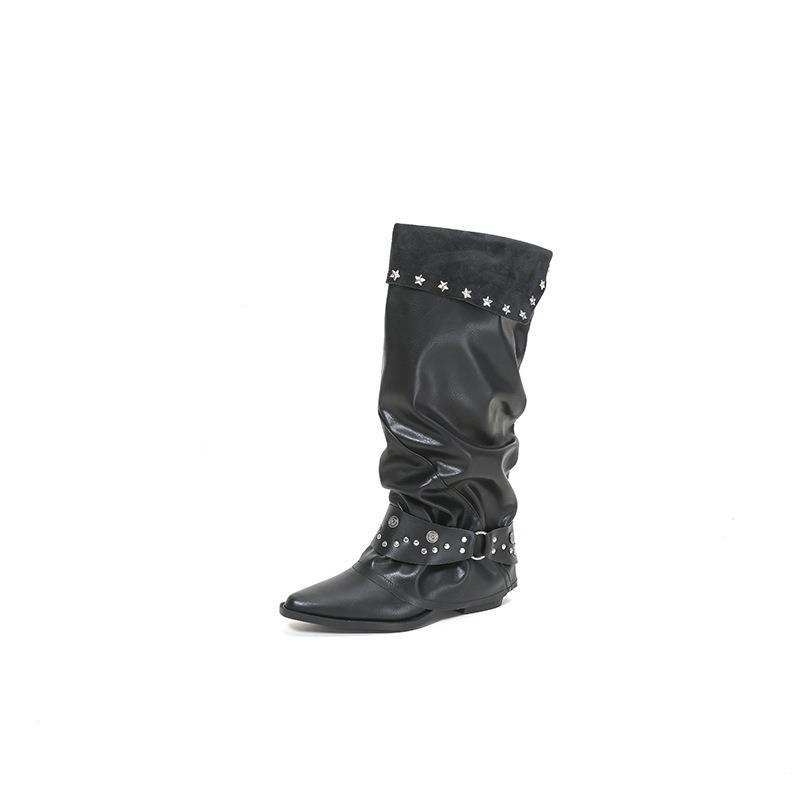 Pointed-toe Retro Shoes, Trouser Boots, Autumn and Winter New Style, Thick-heeled Metal Buckle Boots