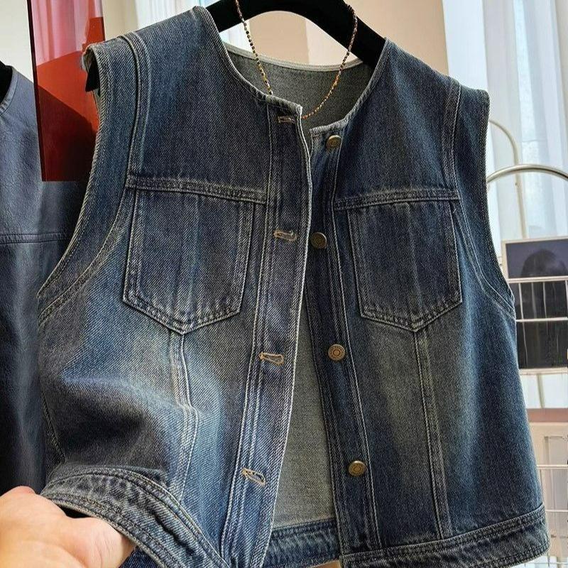 

Early Autumn Fashion Retro Denim Vest Fashionable Western Style Short Spring and Autumn Washed Vest Sleeveless Waistcoat Jacket S синій