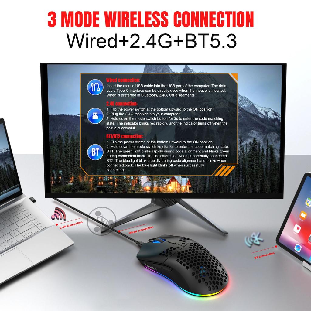 ZIYOU LANG T66 Wireless Gaming 1000Hz Reporter RGB DPI Black Mouse, Rate, 2.4G/Bluetooth 5.3/USB-C, Illumination, 5-Level Adjustment, 90g,