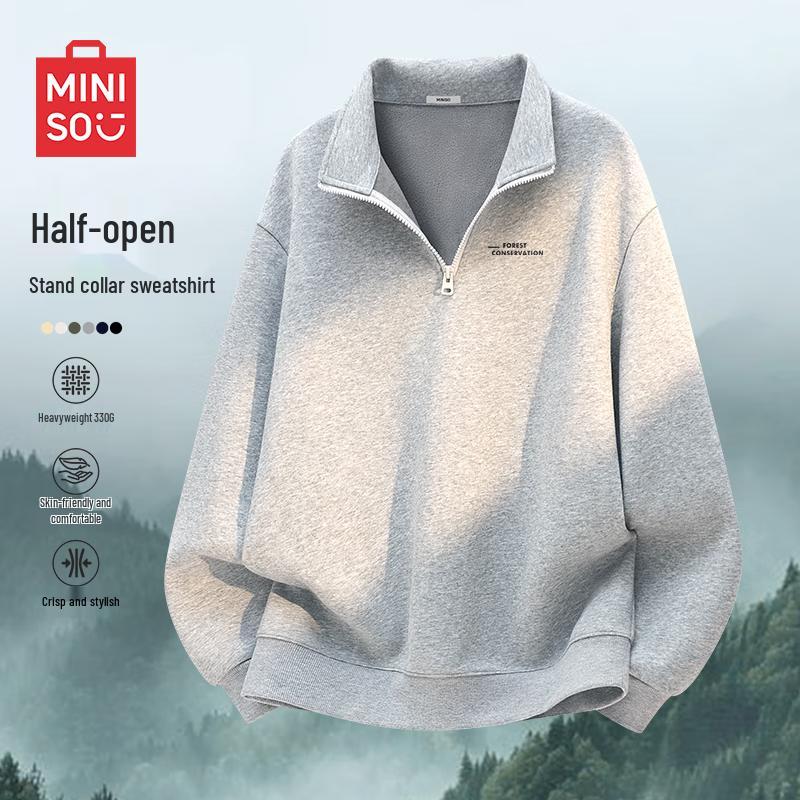 MINISO Men's Fleece-Lined Half-Zip Stand Collar Sweatshirt