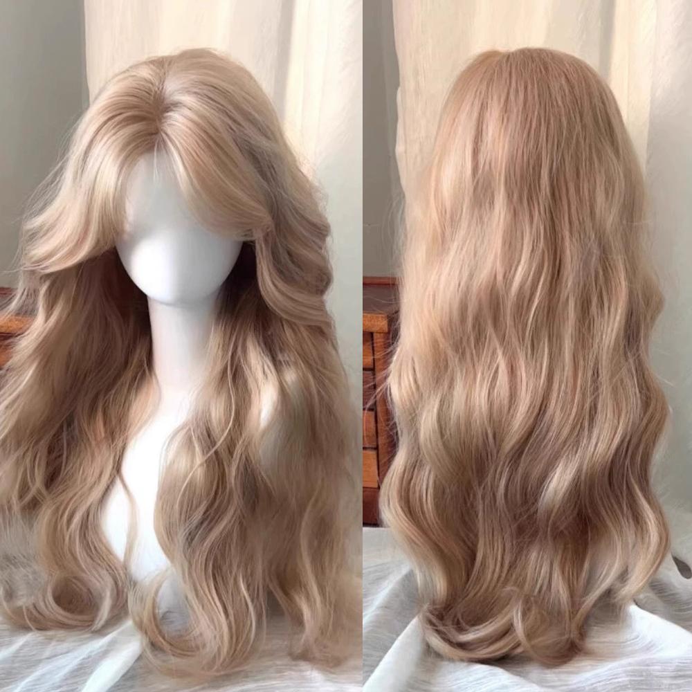 Long Wavy Blonde Synthetic Wig Middle Part Fluffy Lolita Cosplay Women Wig Heat Resistant for Daily Party