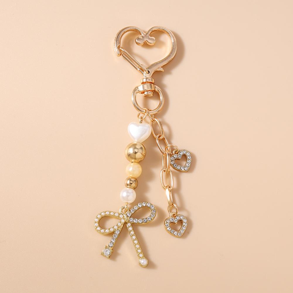 Cute Bowknot Love Heart Keychain Women Girl Pearl Beaded Key Ring Pendants for Handbag Decor DIY Handmade Key Chain Gift