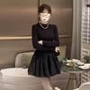 Small Black Knitted Dress, New Autumn and Winter Women's Clothing, with a Bottom Skirt Inside.