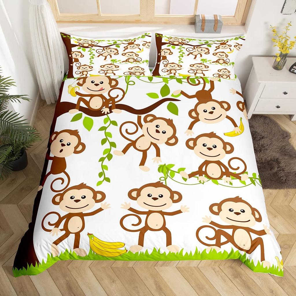 Monkey Duvet Cover Sets Cute Monkey Around The Tree Print Bedding Set 3pcs for Kids Boys Cartoon Animal Soft Comforter Cover