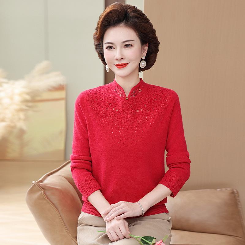 Stylish Embroidered Wool Cardigan Sweater for Middle-Aged Women - Plus Size, Solid Color, Autumn/Winter Top