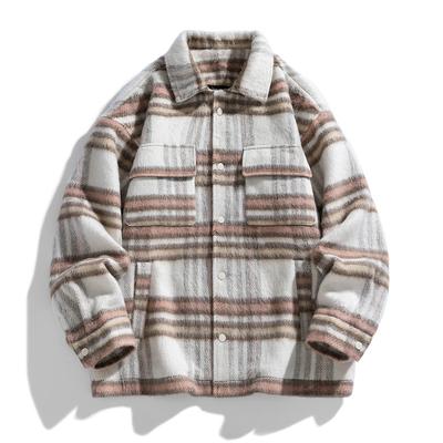 Spring and Autumn New Style Plaid Woolen Jacket Men's Long Sleeve Casual Loose Korean Style Trendy Versatile Hong Kong Style Collar