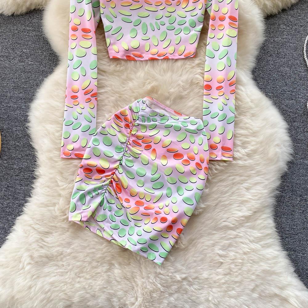 European And American Spring And Summer Sexy Print Suit Fashion Slim Shirt Wrinkled Hip Wrap Skirt Two Piece Suit Fashion