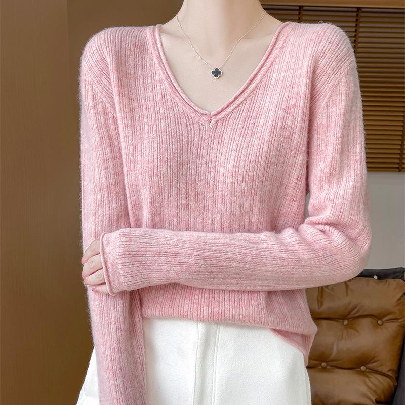 2024 Women's Autumn Winter V-Neck Pure Wool Ruffled Pullover Sweater, Slimming Jacquard Long Sleeve Knit Loose Base Layer.