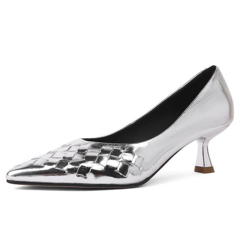 

Fashion Women s New Four Seasons Genuine Leather Cowhide Embossed Pointed High Heels Large Size Simple Work Shoes Single Shoes 265