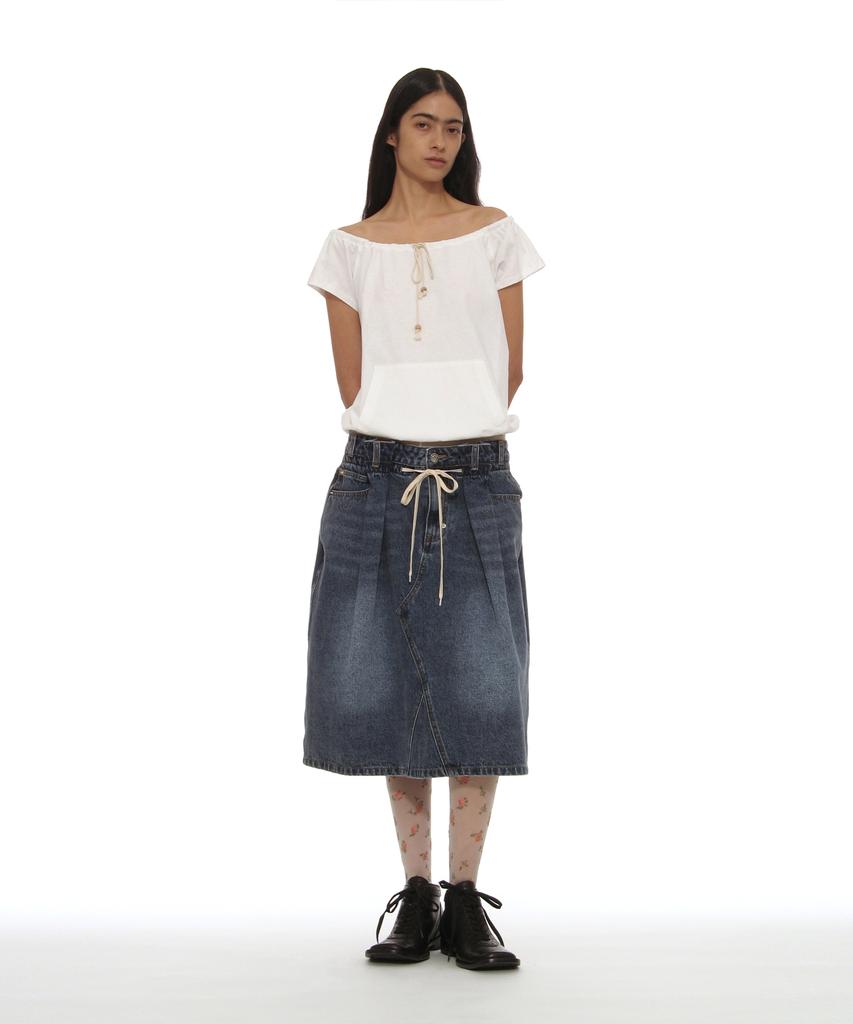 Partimento Woman Drawstring Denim Midi Skirt_Mid Blue