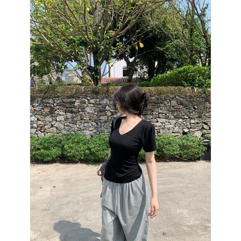 Niche Style V-neck Shoulder Silm Short Sleeve Waist-Controlled Gray T-Shirt