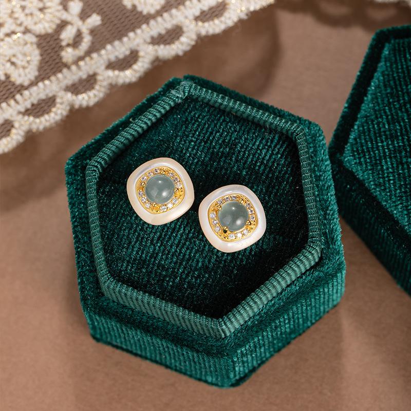 Blue water jadeite stud earrings fringed sterling silver s925 inlaid white fritillary design sugar cube earrings personalized geometric fashion gifts 925 silver