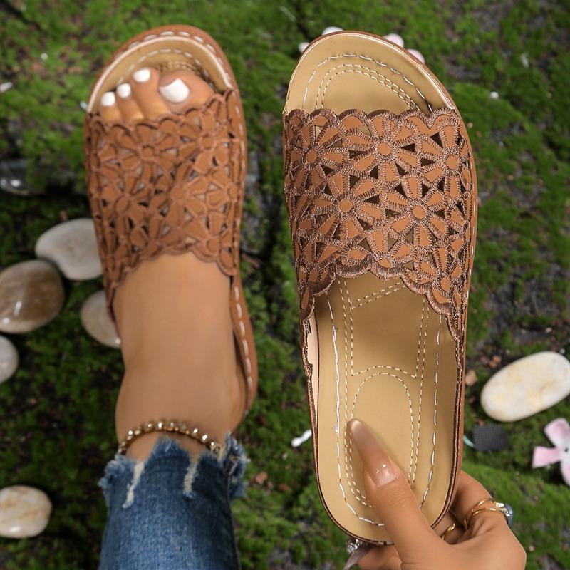 Women's Wide Width Floral Hollow Out Slides - Low Wedge Mule Sandals for Summer, Minimalist Casual Slides
