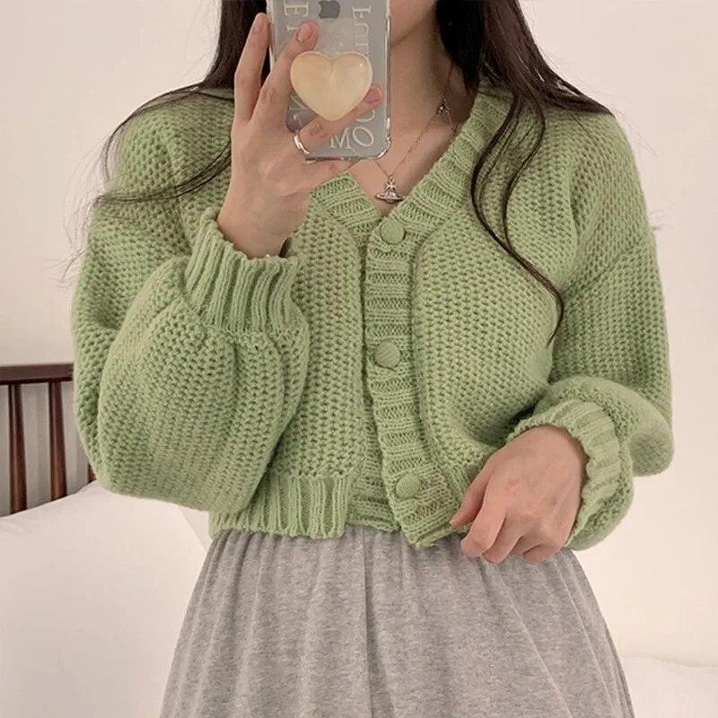 Sexy Sweet Short Knitted Cardigan Sweet Korean V Neck Lantern Sleeve Sweaters for Women Fall Wild Simple Cropped Pink Cardigan Coat