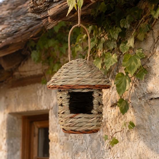 jijijing Grass Woven Bird House, Outdoor Rustic Birdhouse, Hanging Hummingbird Hut, Garden Roosting Pocket for Wrens Sparrows Finches Hummingbirds