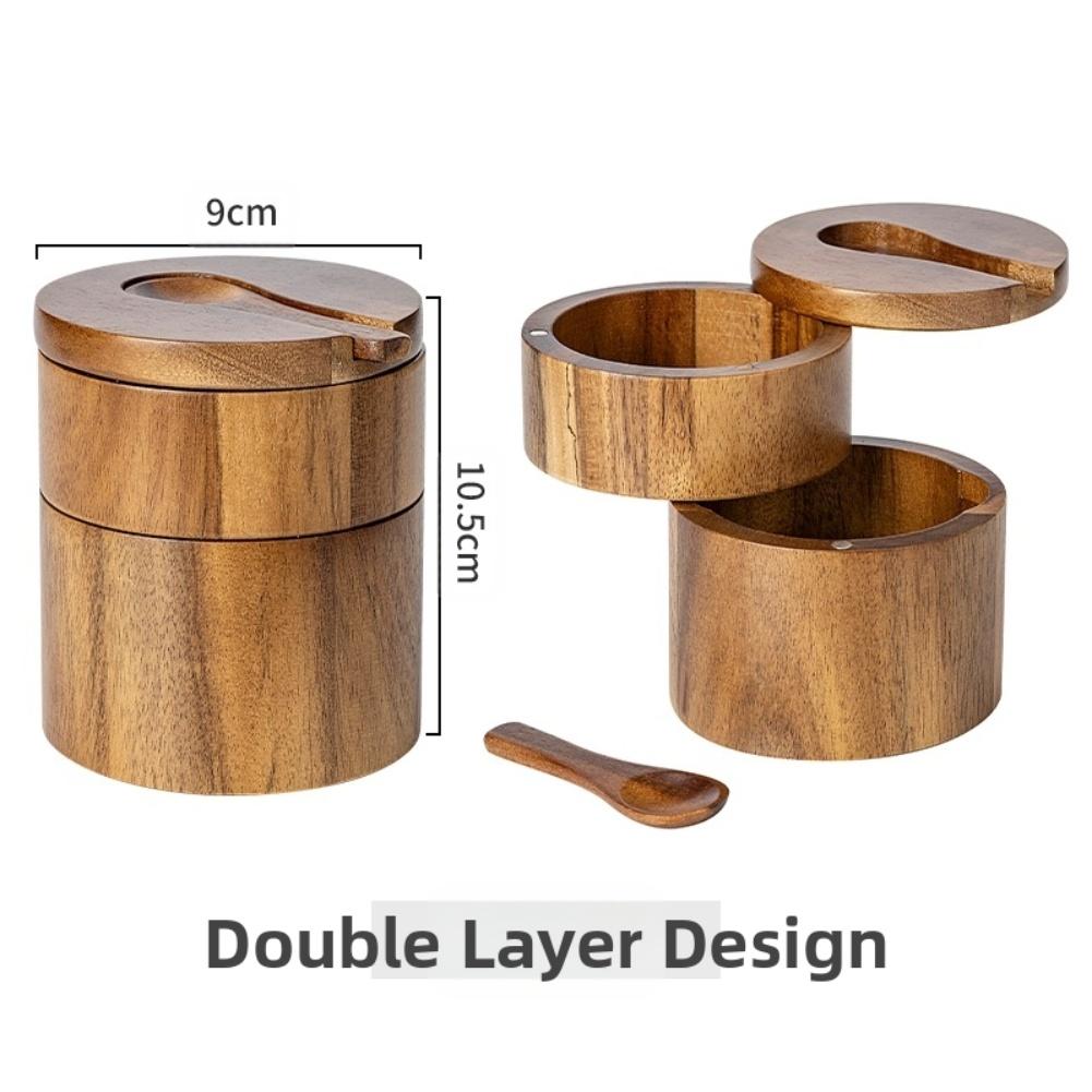 1PCS Acacia Wood Salt Shaker Spice Container Built-in Spoon Slot Condiment Box Kitchen Storage Modern Magnetic Lid Tool