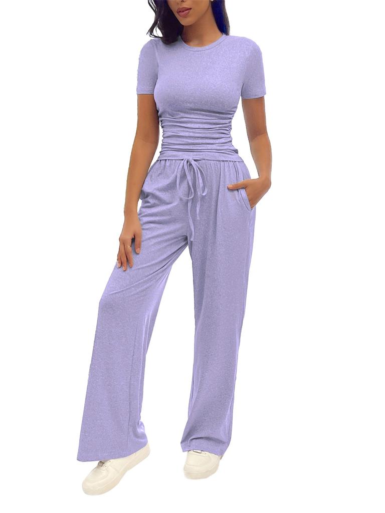 Fashion Casual Set Kardashian Style Ruched Short Sleeve Top Long Pants Set For Women